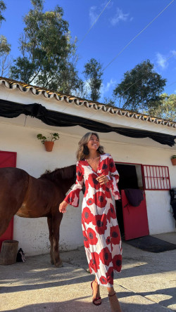 LIPE amapola beige/rojo, vestido largo